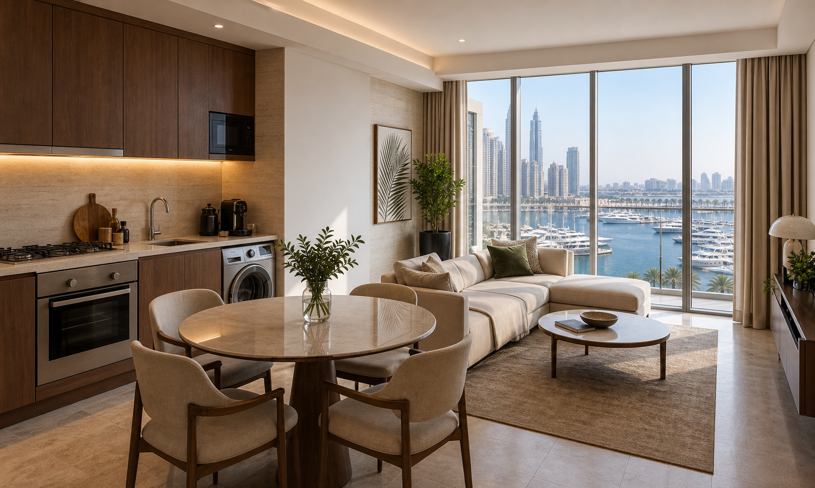 Serviced apartment living space prepared for guests